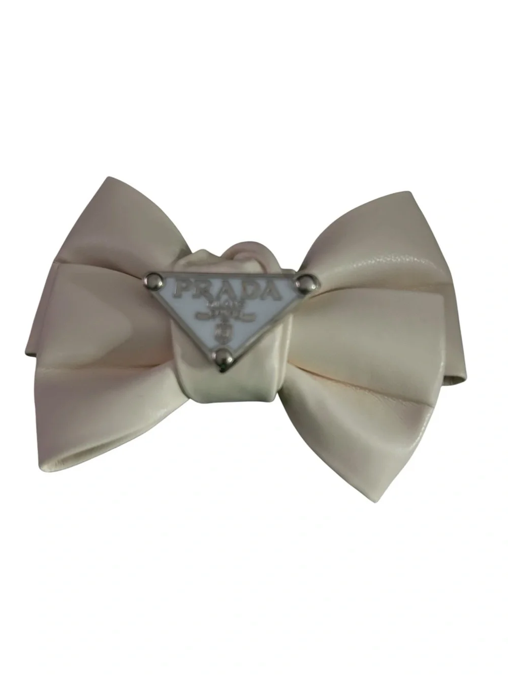 Cream leather Bow Hair Clip with Triangle Logo